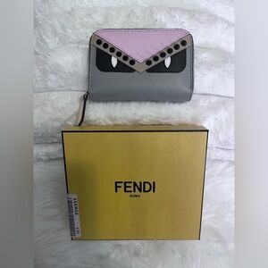 FENDI Logo Bugs Monster Compact Zip Around Wallet  Leather Studs